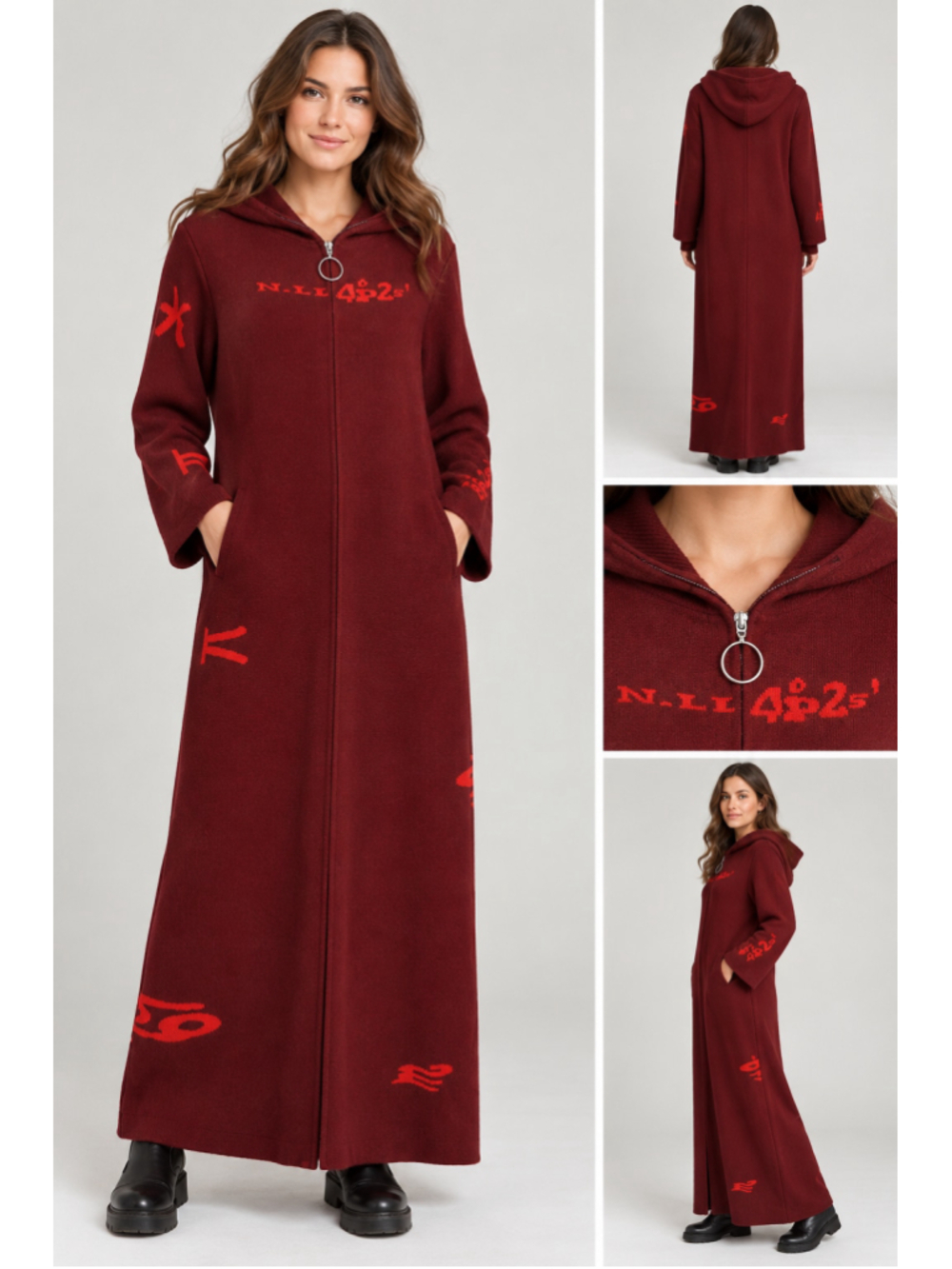 HOSBJERG Ida Corsa Maxi Sweater Dress S Burgundy Graphic Y2K Ring Zip